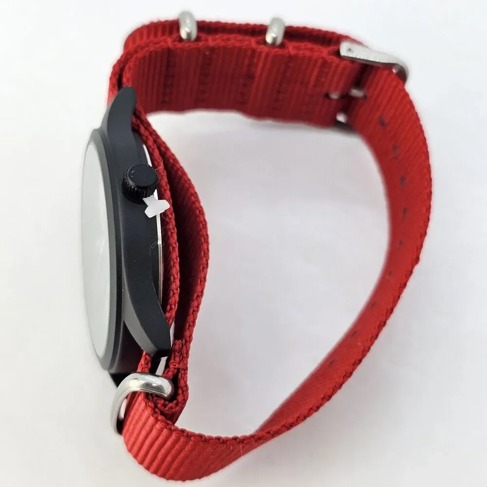 Men's Field Watch 42MM Black‎ Dial Black Case Red Canvas Band